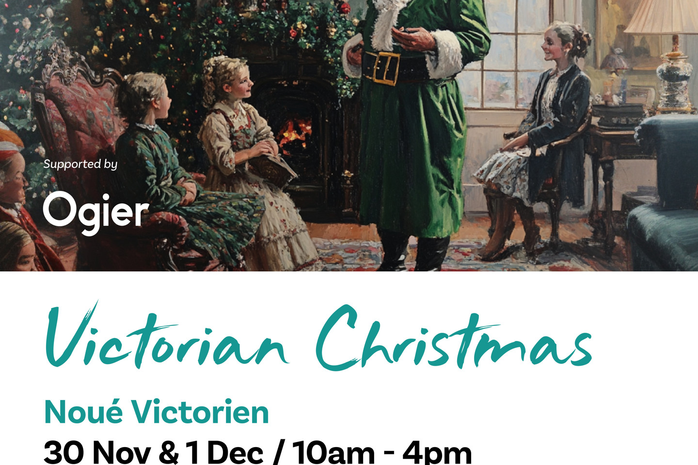 Father Christmas in green coat stands in Victorian parlour with decorated tree and guests, Ogier sponsorship and event details for Jersey Museum