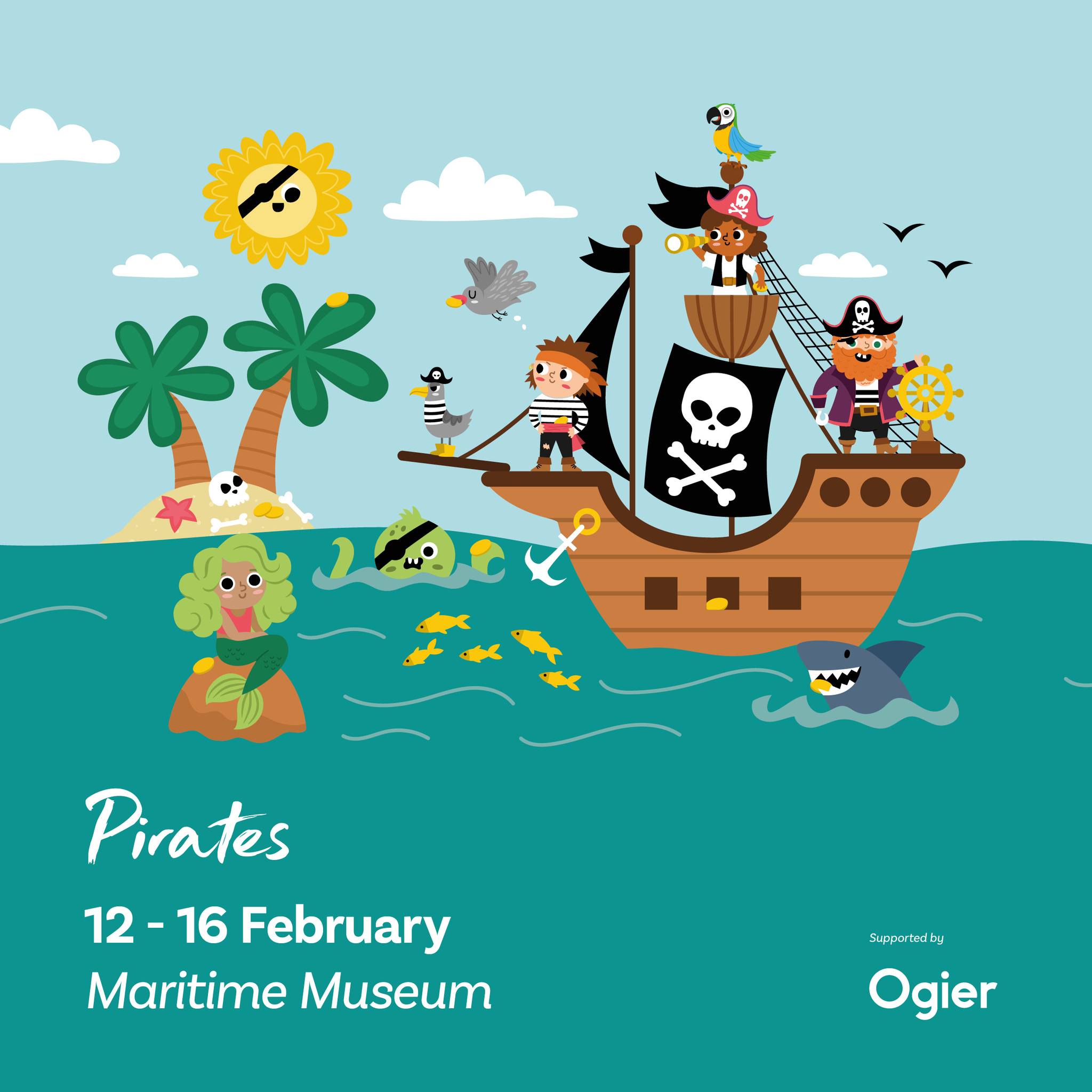 illustration of playful pirate scene with ship, children dressed as pirates, a mermaid swimming, and bright island background