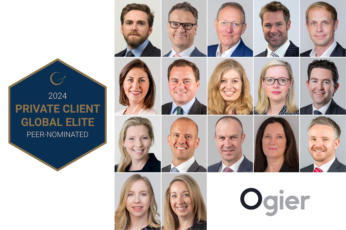 Seventeen Ogier experts from Cayman, BVI, Guernsey and Jersey recognised by Private Client Global Elite 2024, including Anthony Partridge, Rachael Reynolds KC, Deborah Barker Roye, Nicholas Brookes, Brian Lacy, Matt Guthrie, Catherine Moore, Simon Davies, Sandie Lyne, Sophie Denman, James Campbell, Henry Wickham, Josephine Howe, Nick Williams, Richard Laignel and Lucy Poignand, with Ogier logo