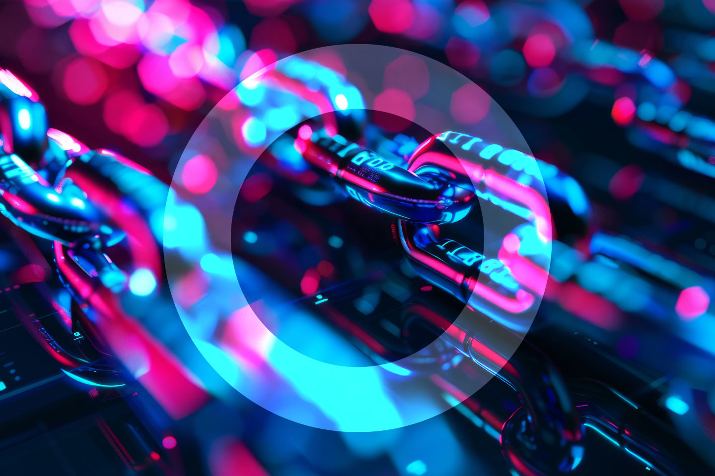 chains with code and pink and blue LED reflection with overlayed 'O'