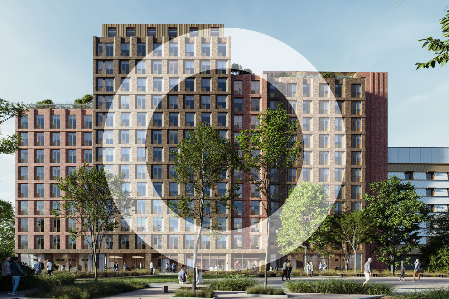 A modern multi-storey building with a geometric brick facade, large windows and rooftop greenery, set in a landscaped urban area with trees and people walking and sitting on benches in the foreground. A translucent circular logo overlay appears on top of the image.