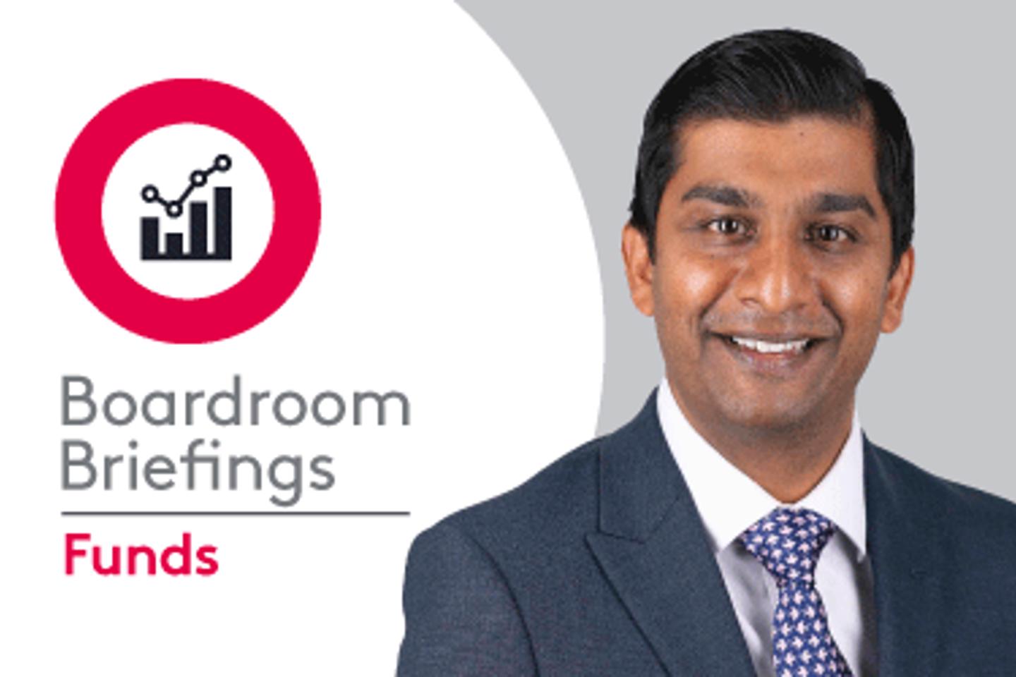 Boardroom Briefings Funds branding with stylised chart logo with Nikki Shah