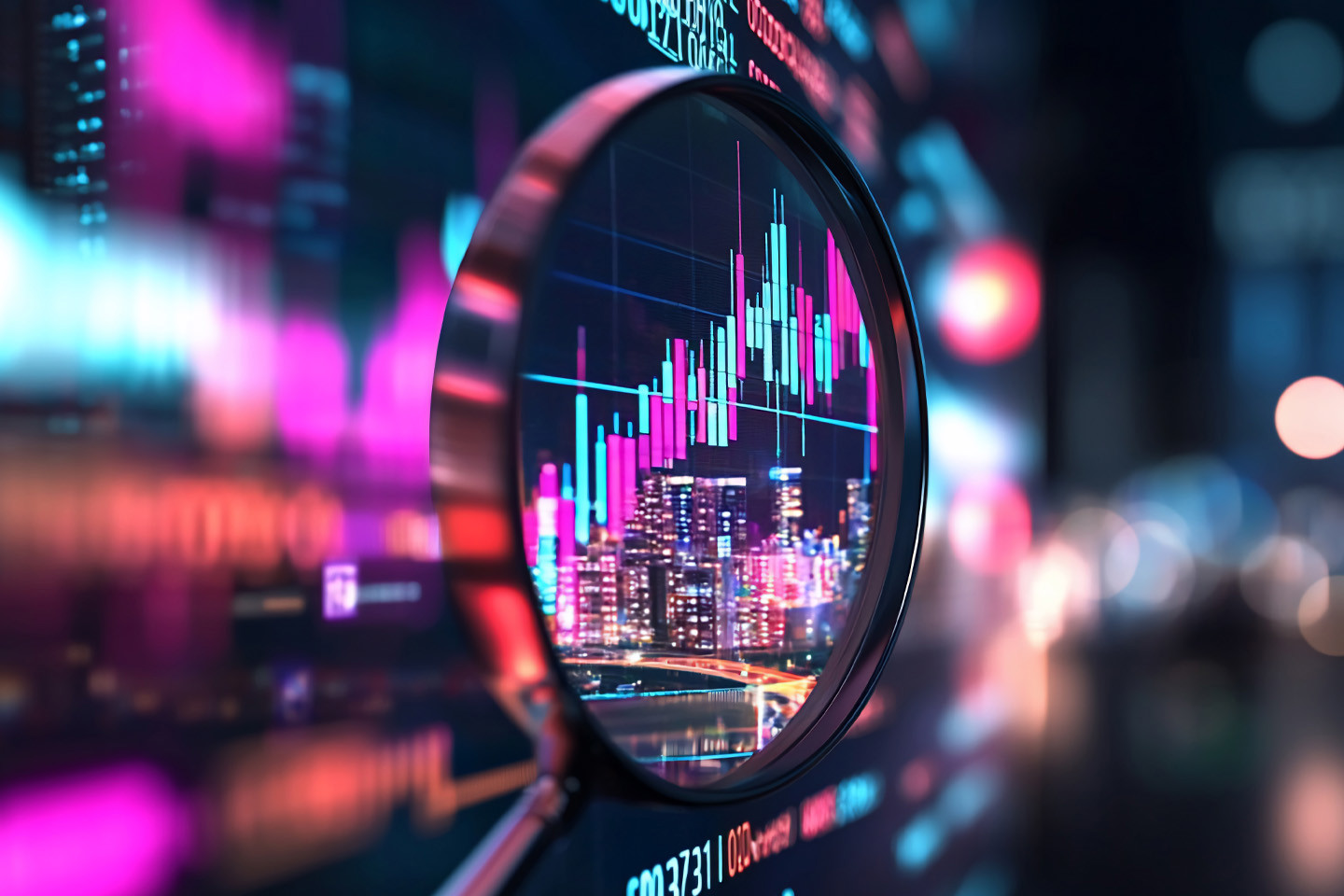 combined graph and cityscape through magnifying glass