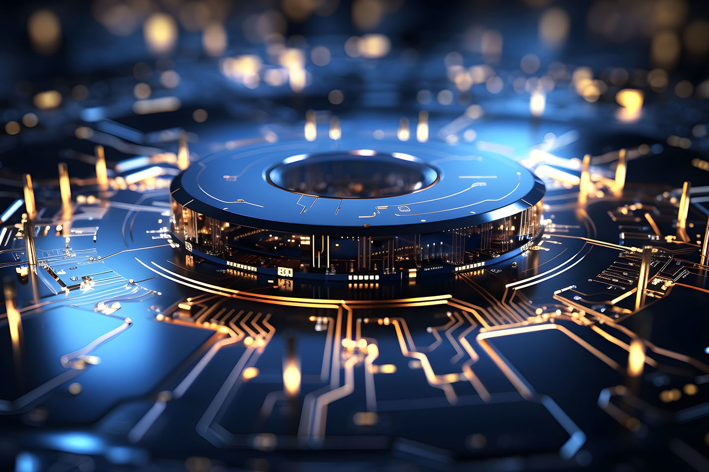 round AI blue circuit board with warm yellow LEDs