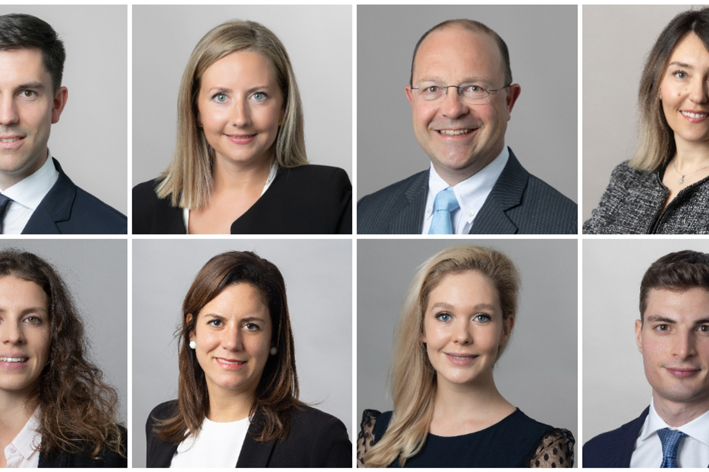 collage of eight Ogier German Desk team members in professional business attire: Milan Hauber, Sarah Verlende, Hervé Leclercq, Manon Hillenbrand, Maddalena Bonamini Leitner and Jawad Bach.