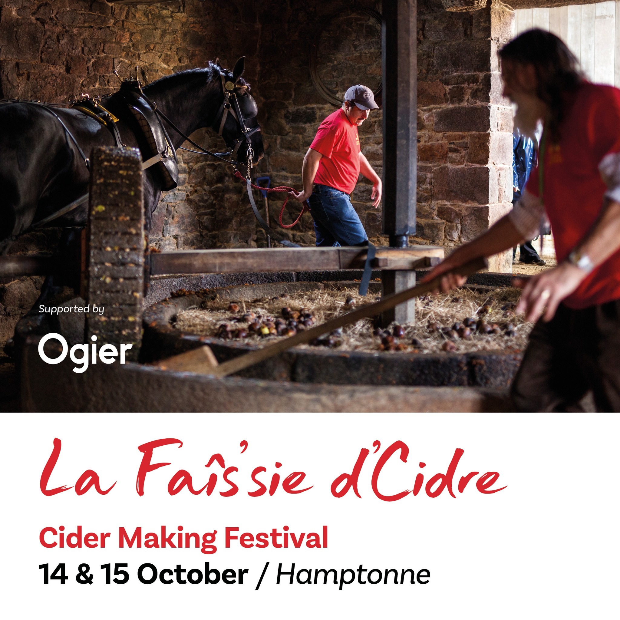 traditional cider making with horse-drawn mill and wooden press in action at Hamptonne, promoting Ogier’s sponsorship of Jersey Heritage’s La Faîs’sie d’Cidre Festival running 14th and 15th of October 2024.