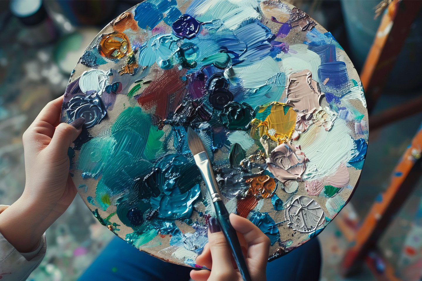 hands holding a paint brush and a well used paint palette