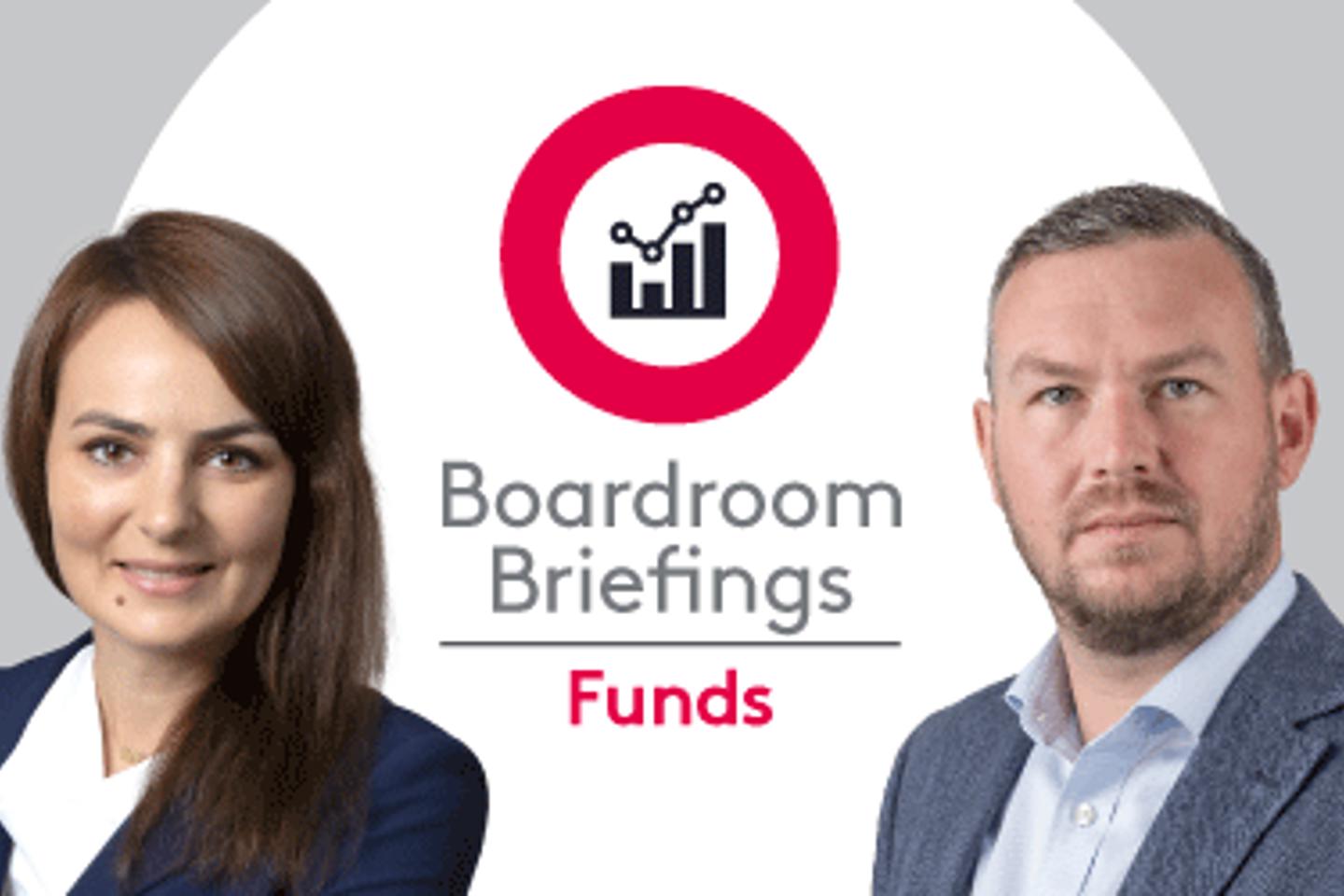 Boardroom Briefings Funds branding with stylised chart logo with Inesa Pistolas and David Fowler
