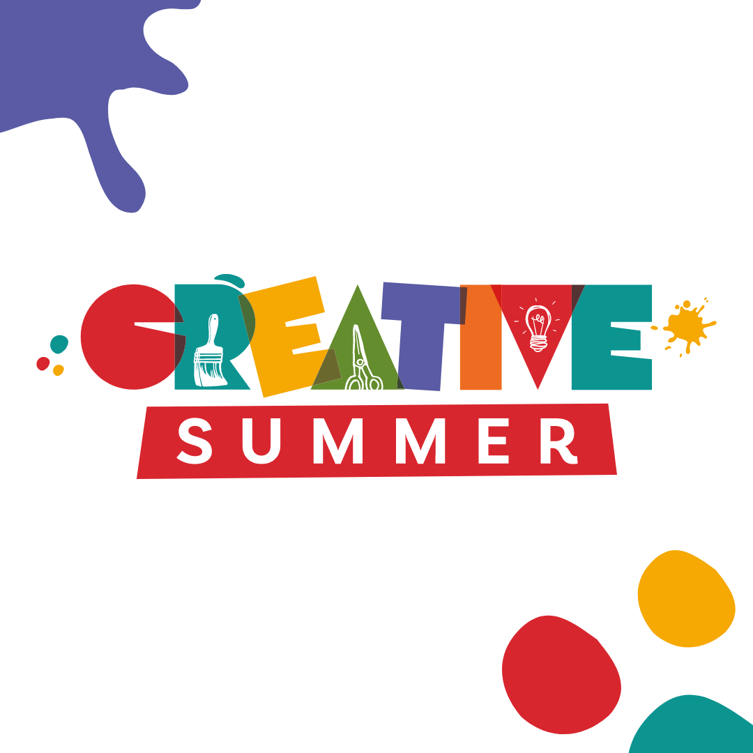 colourful Creative Summer logo with art and paint icons, promoting Jersey Heritage creative workshops for families across island heritage sites during summer holidays sponsored by Ogier.