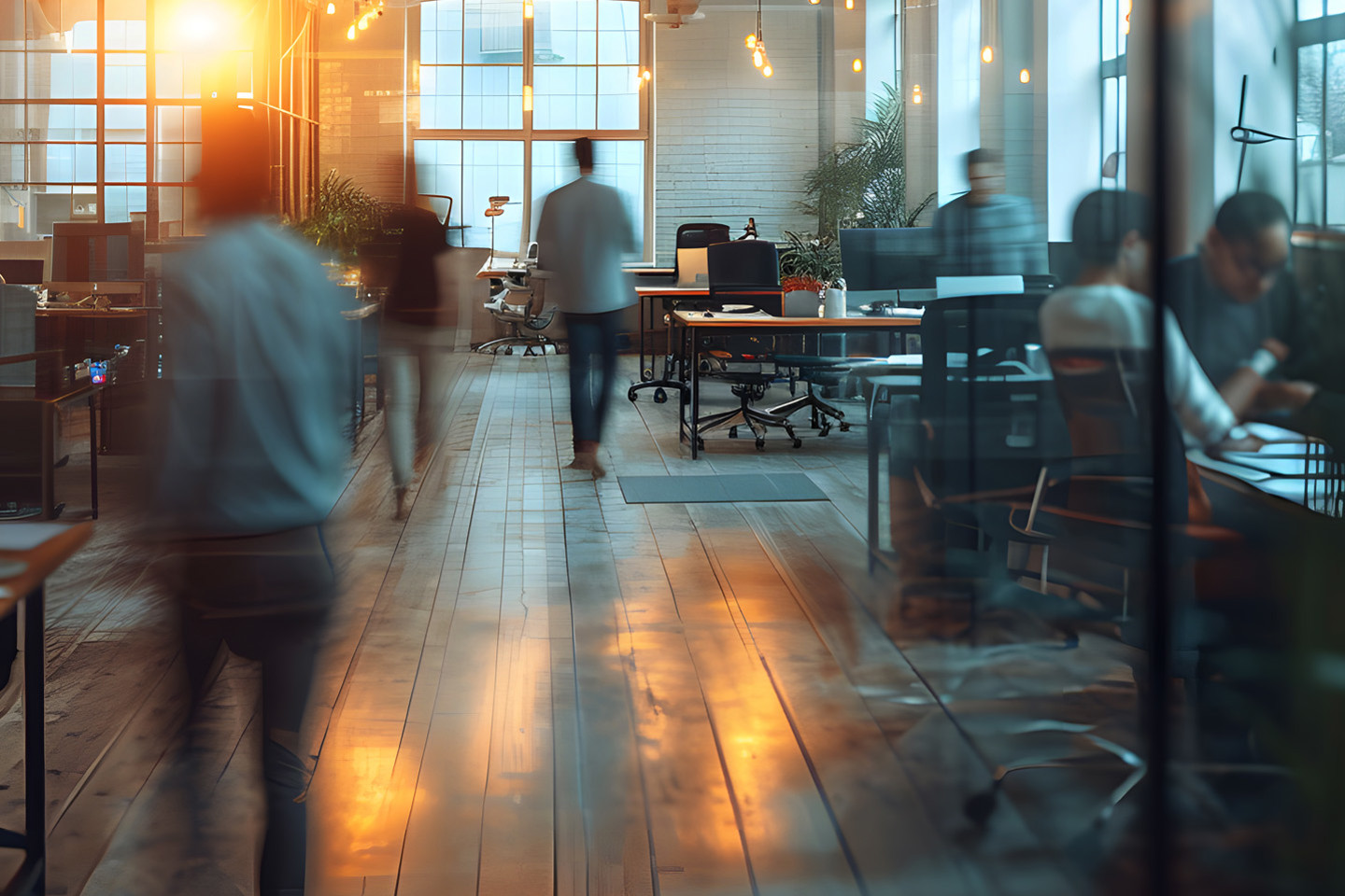 busy open plan relaxed office with warm orange lighting