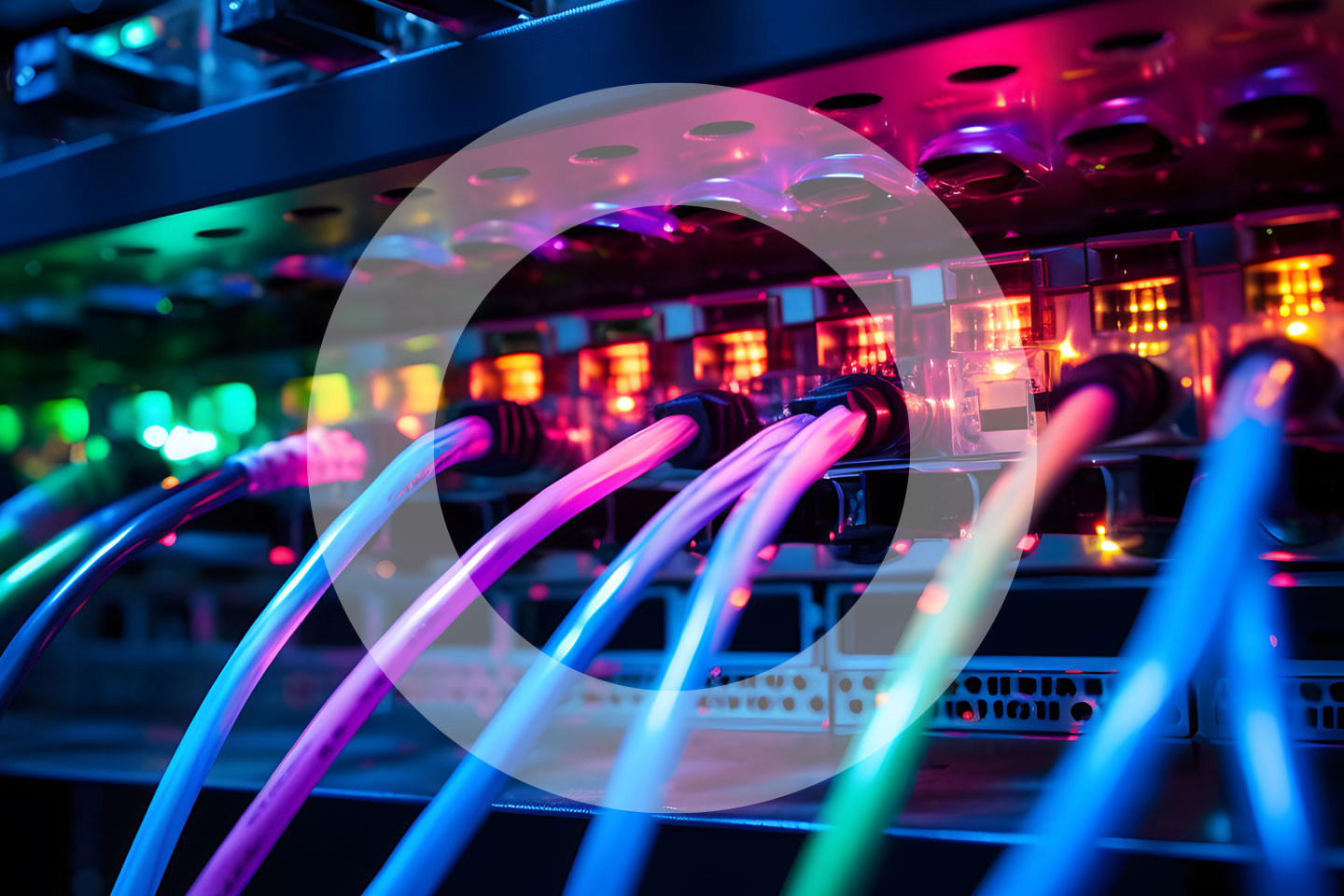 multicoloured server cables plugged into server with overlayed 'O'