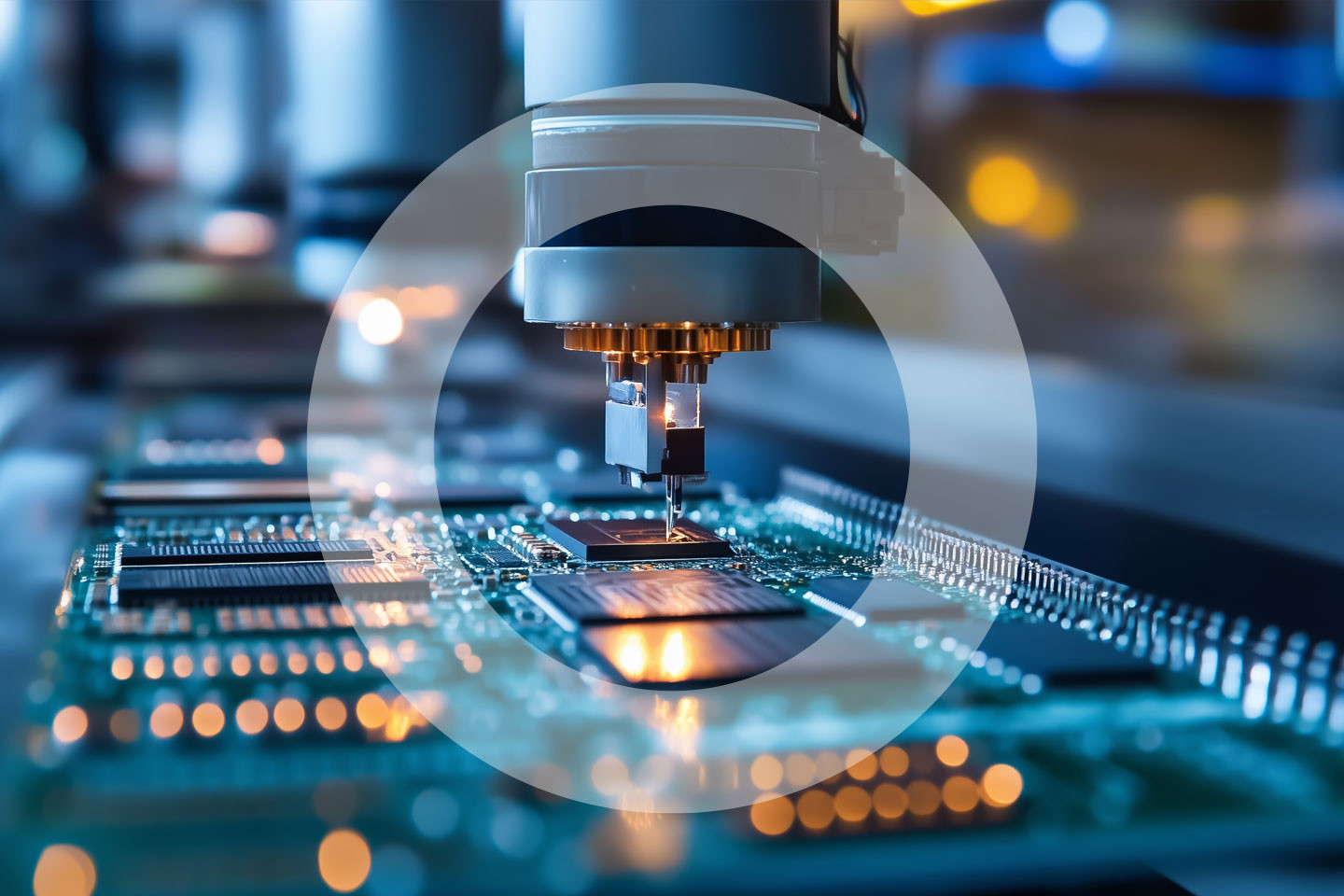 Close up of a blue robot in a factory making a motherboard