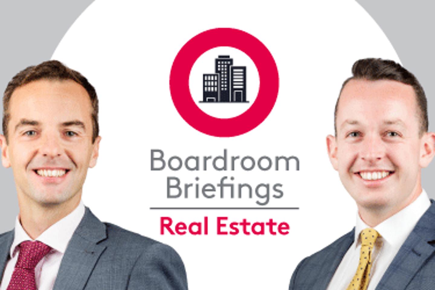 Boardroom Briefings Real Estate insights with an illustrated city buildings logo with James Philpott and Lawrie Cunningham