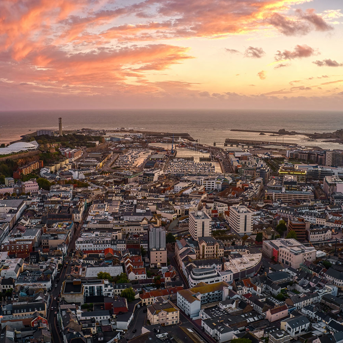 aerial view of St Helier, Jersey at sunset 