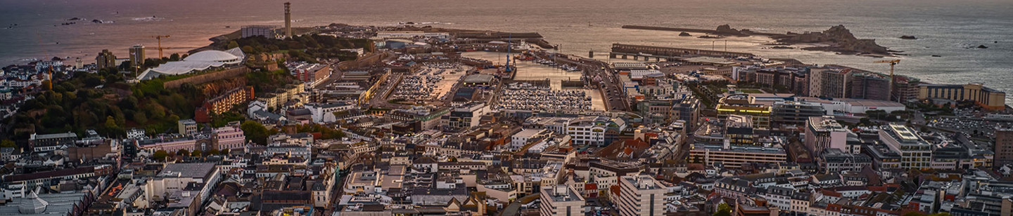 aerial view of St Helier, Jersey at sunset 