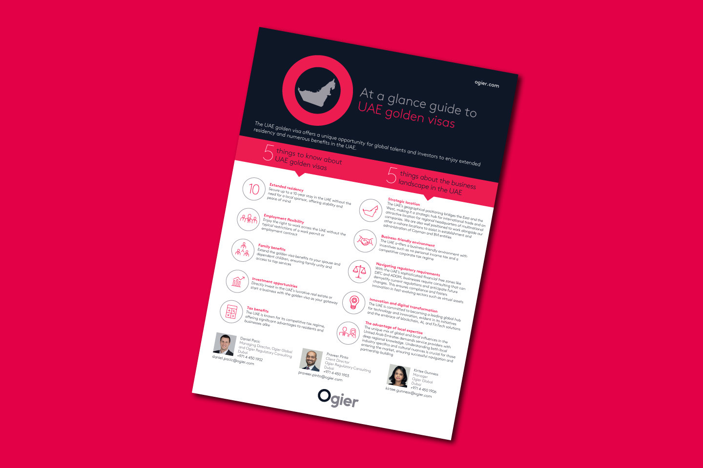 Infographic highlights five key things about UAE golden visas and business landscape, with a country silhouette icon, illustrated service points and team contacts