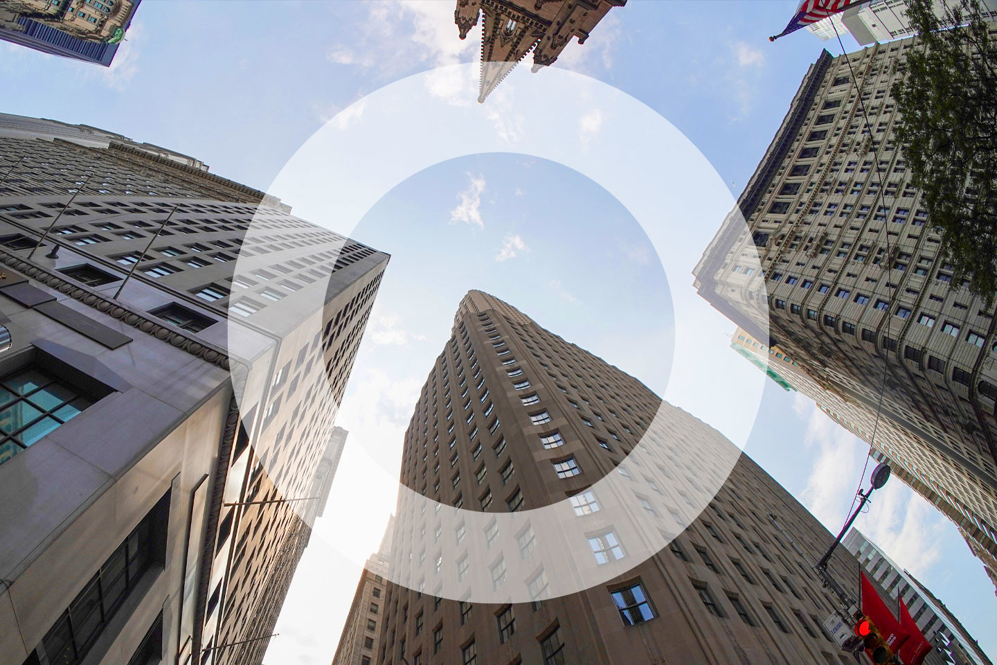 Low angle shot of american skyscapers in daytime with ovelayed 'O'
