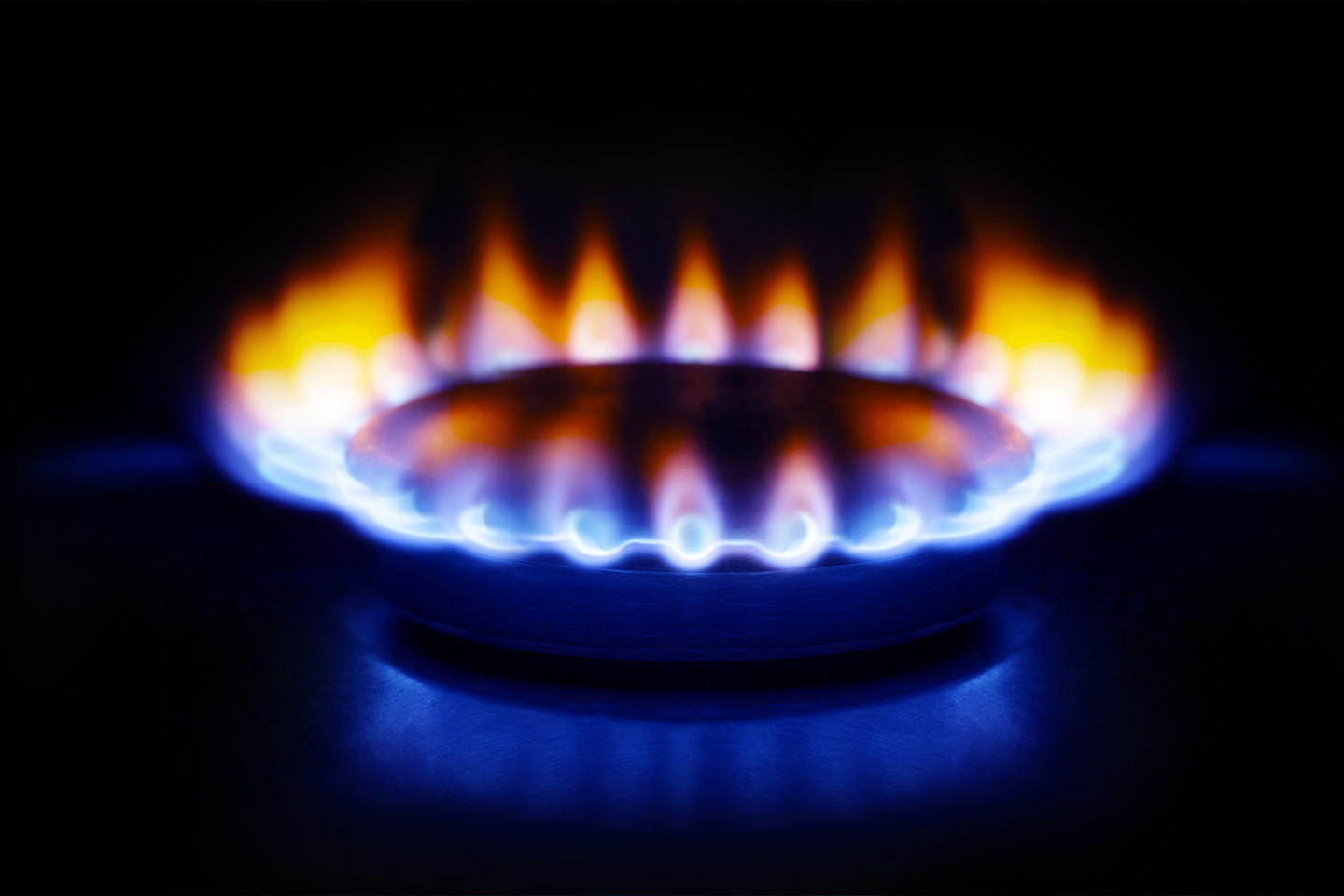 close up of gas hob burner flames