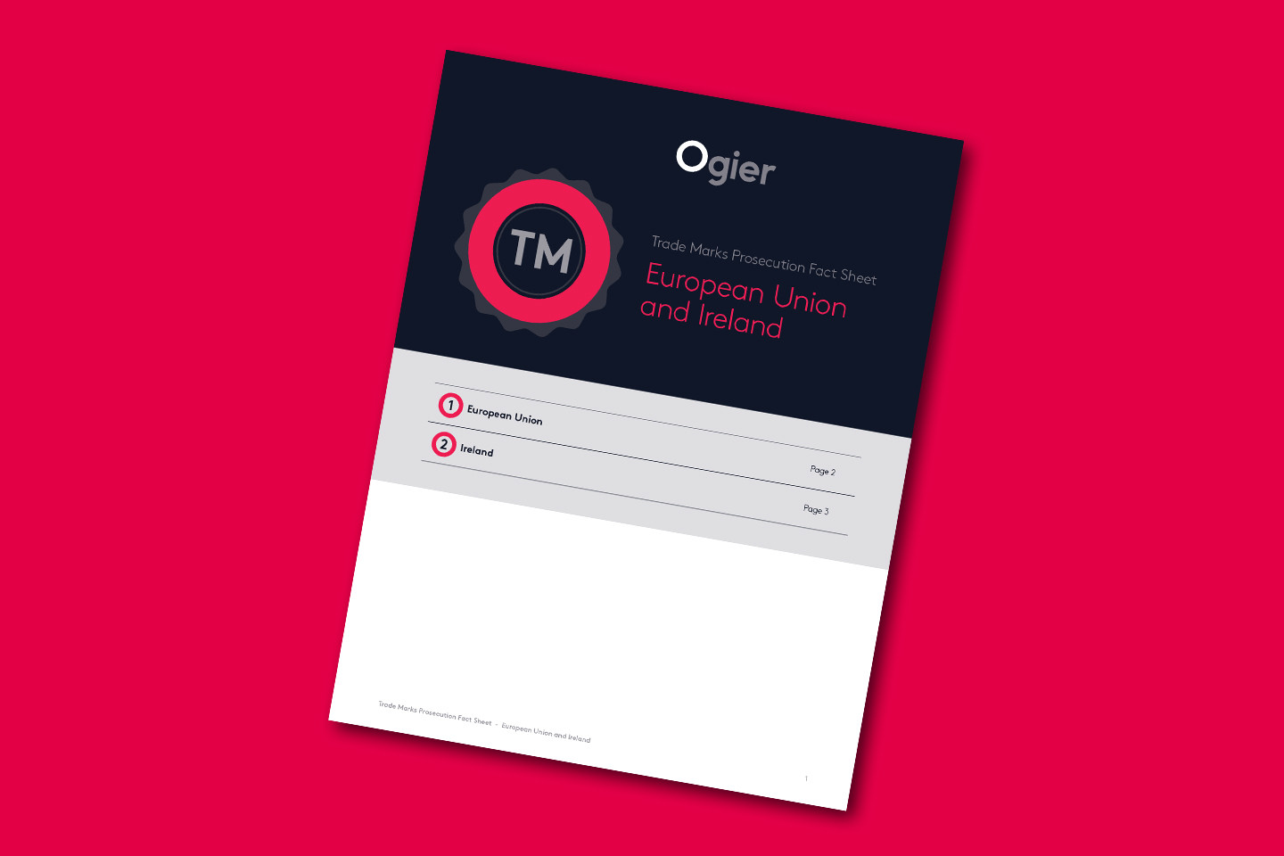 Ogier Trade Mark Protection factsheet for European Union and Ireland with TM logo, section headings and branded black and pink design