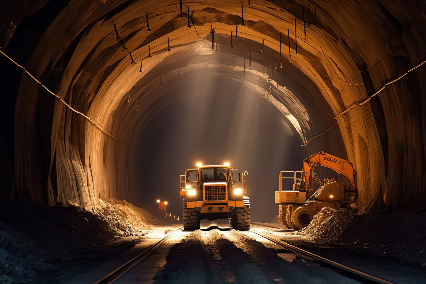 underground construction with truck and digger in semi lit tunnel