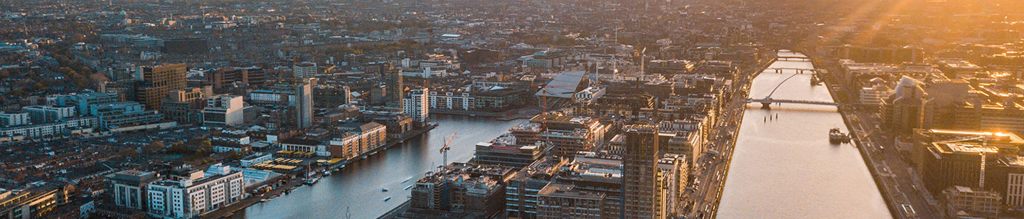 aerial view of Dublin, Ireland at sunrise