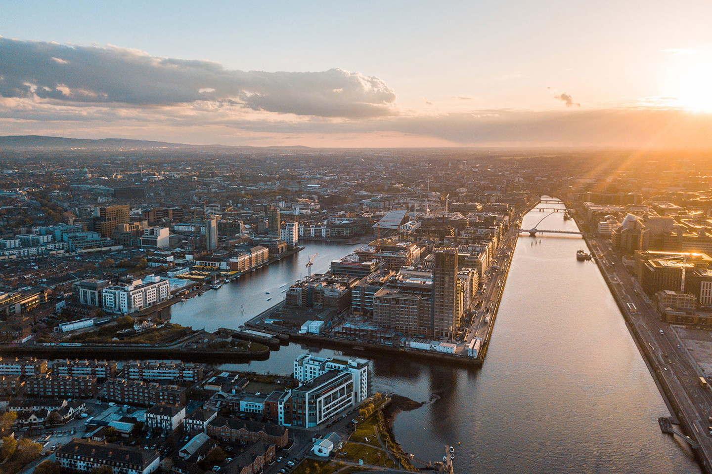 aerial view of Dublin, Ireland at sunrise