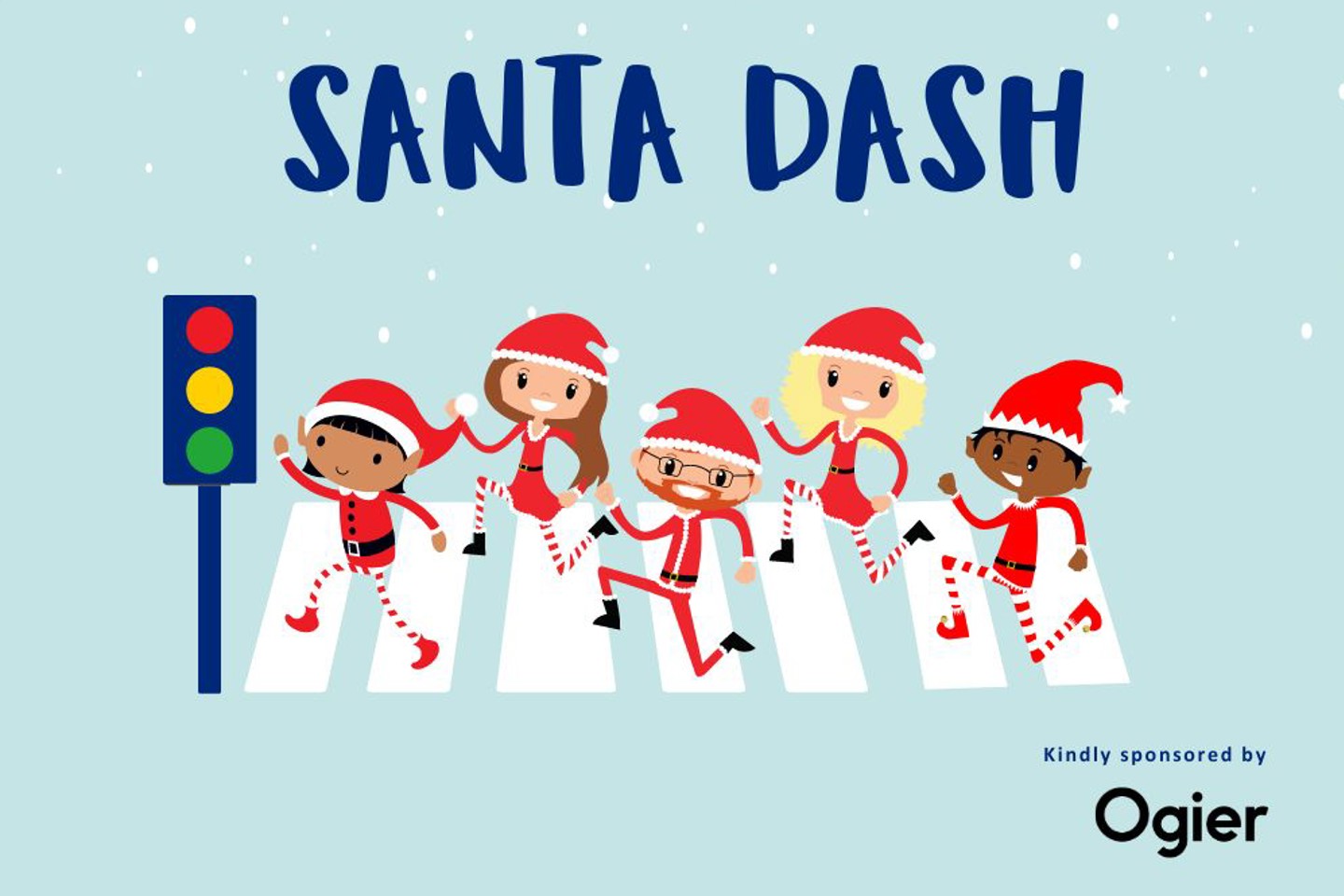 illustration of festive runners dressed as Santa crossing a street under snow, promoting Jersey Hospice Care’s annual Santa Dash sponsored by Ogier